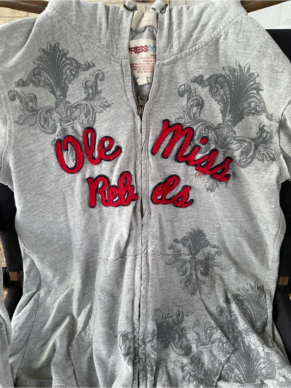 Pressbox Gray Zip-Up Hoodie with Red AppliquΓ©